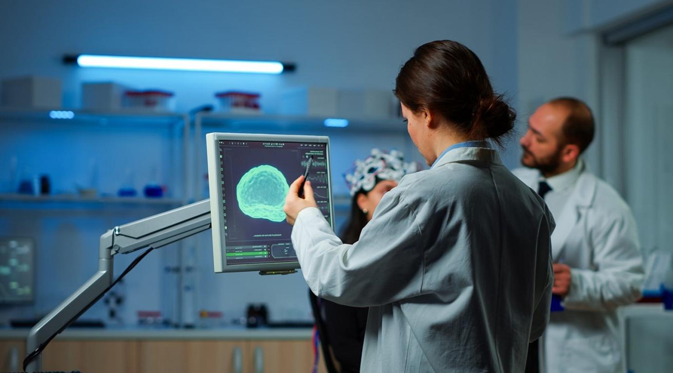 two neuroscience researchers conduct a test.